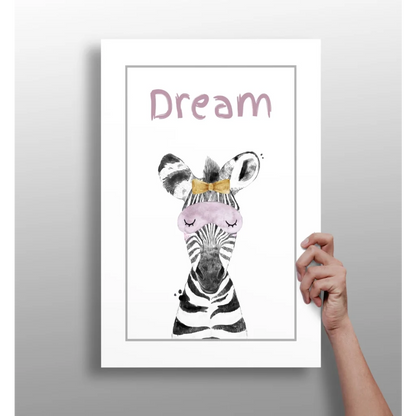 Zebra print dream wall art with pink crown, gold bow on white background