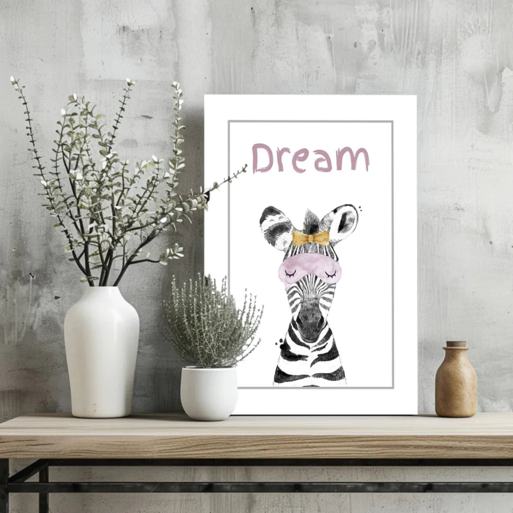 Zebra print wall art set with pink crown and gold bow on white background