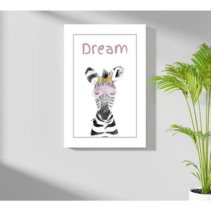 Zebra art print with gold crown and pink dream text