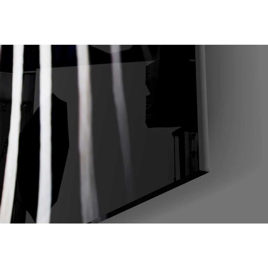 Zebra Tempered Glass Art: Black-framed monitor with white cables, size comparison