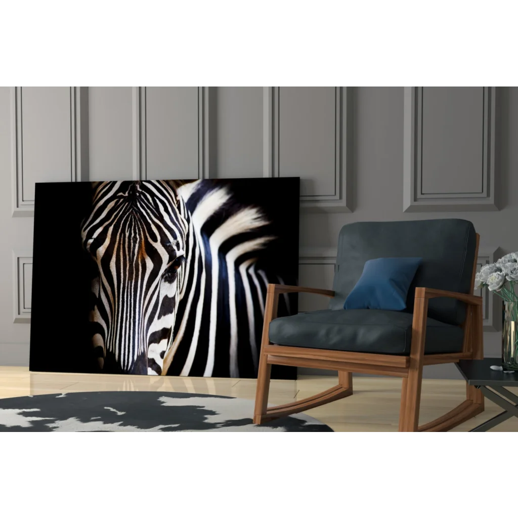 Bold striped zebra glass art on tempered glass in modern interior