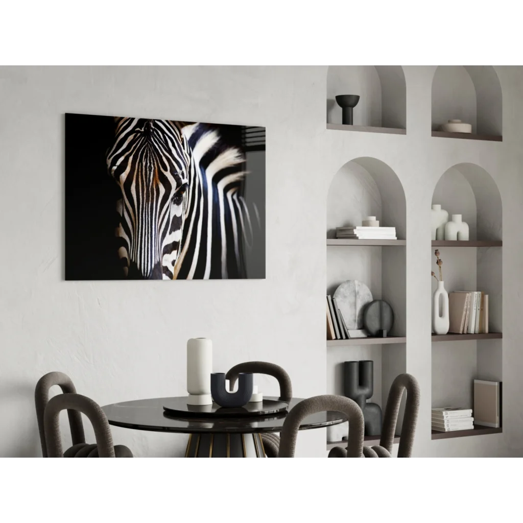 Zebra tempered glass art portrait with bold black-and-white stripes on wall
