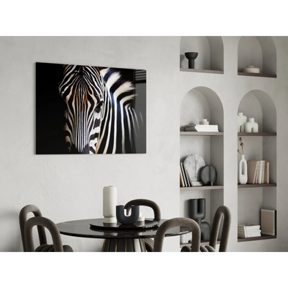 Zebra tempered glass art portrait with bold black-and-white stripes on wall
