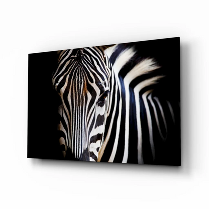 Bold striped zebra portrait on tempered glass art, size comparison view