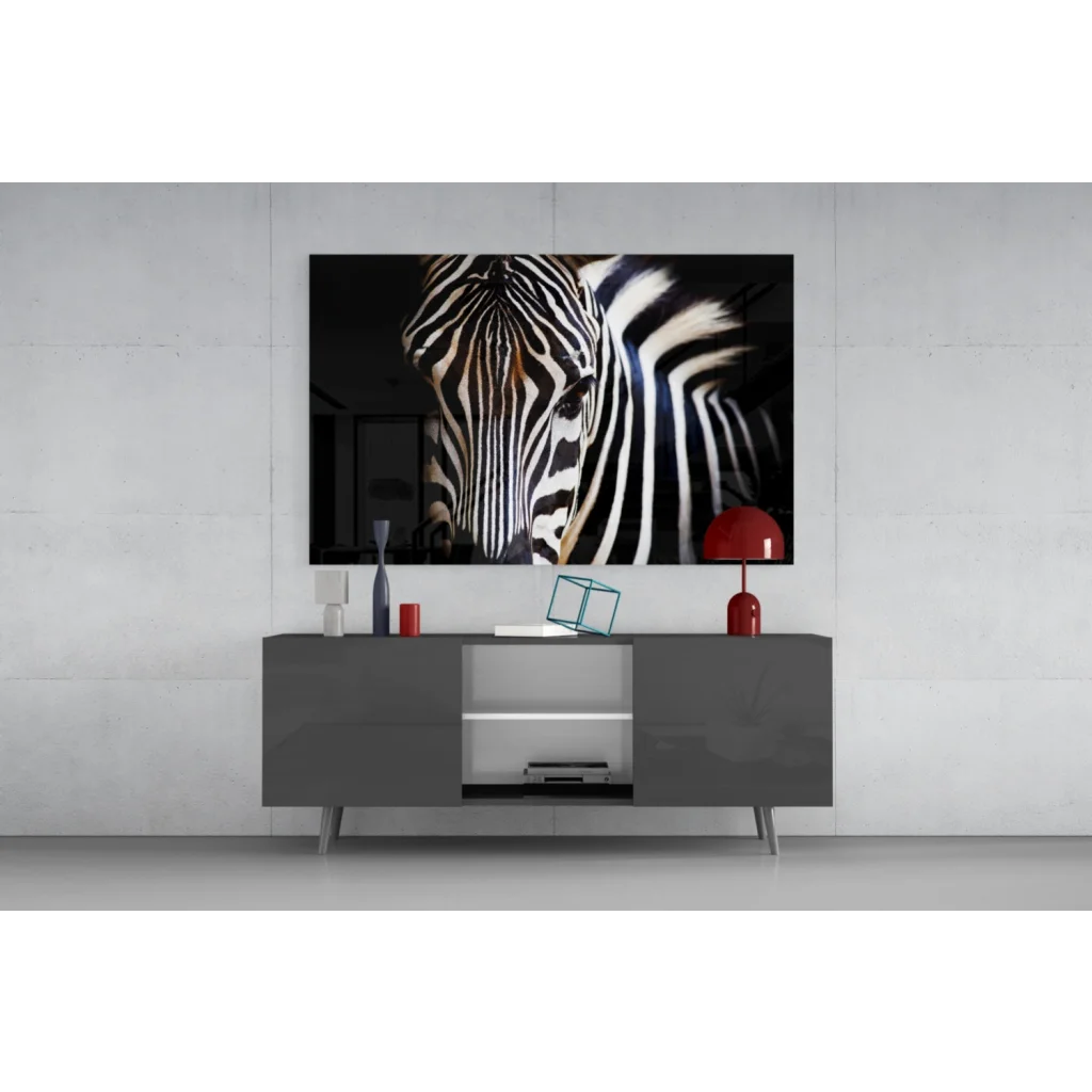 Bold zebra stripes glass art on gray console with size comparison