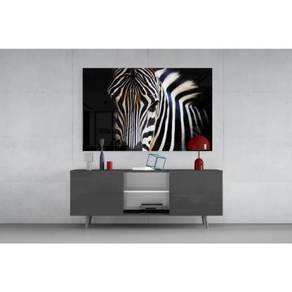 Bold zebra stripes glass art on gray console with size comparison