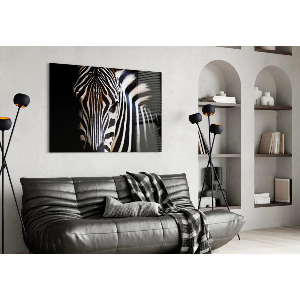 Black and white zebra portrait on tempered glass art, wall-hung