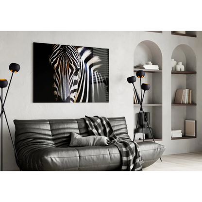 Black and white zebra portrait on tempered glass art, wall-hung