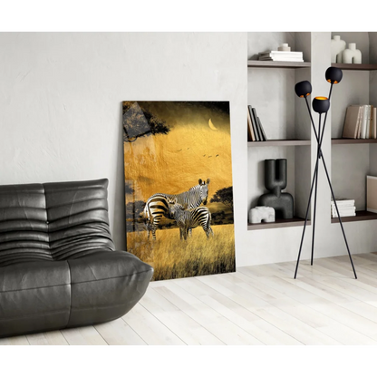 Zebra savanna moon canvas wall art print with stripes under crescent moon