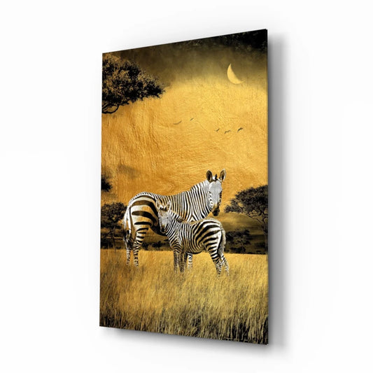Zebra mother and foal under crescent moon savanna wall art canvas print