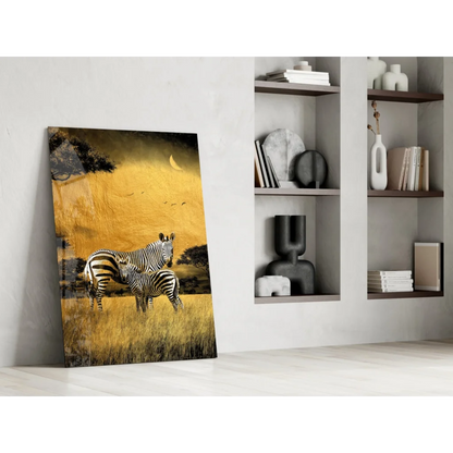 Golden zebras under crescent moon on savanna canvas wall art print