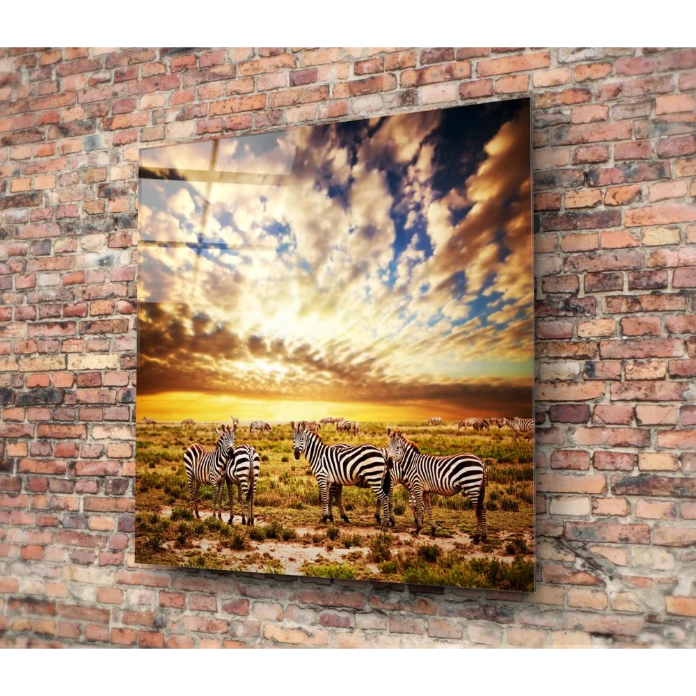 Zebra Sunset Tempered Glass Art with Size Comparison Guide | Modern Wall Art Decor | vintageantiquesgifts.com