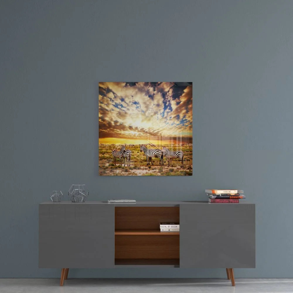 Zebra Sunset Tempered Glass Art with Size Comparison Guide | Contemporary Home Wall Art | vintageantiquesgifts.com