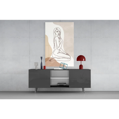 Zen Lotus beige black wall art print over gray modern TV stand