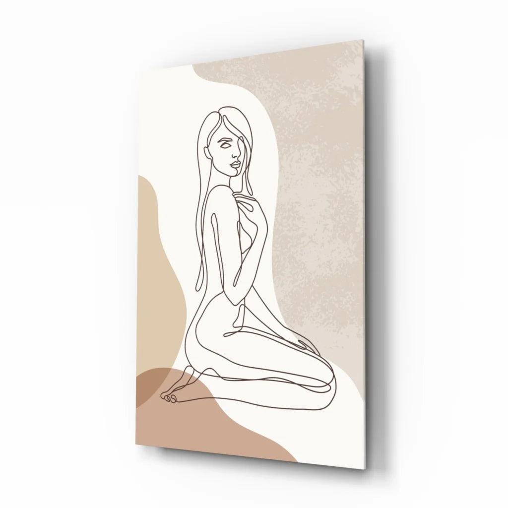 Zen lotus nude woman line art wall print on beige black canvas