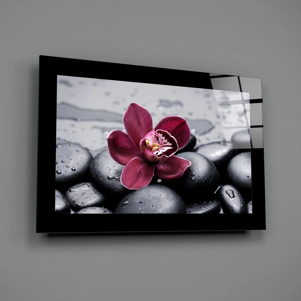 Zen Orchid glass wall art with black and white pebble orchid design