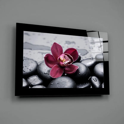 Zen Orchid glass wall art with black and white pebble orchid design