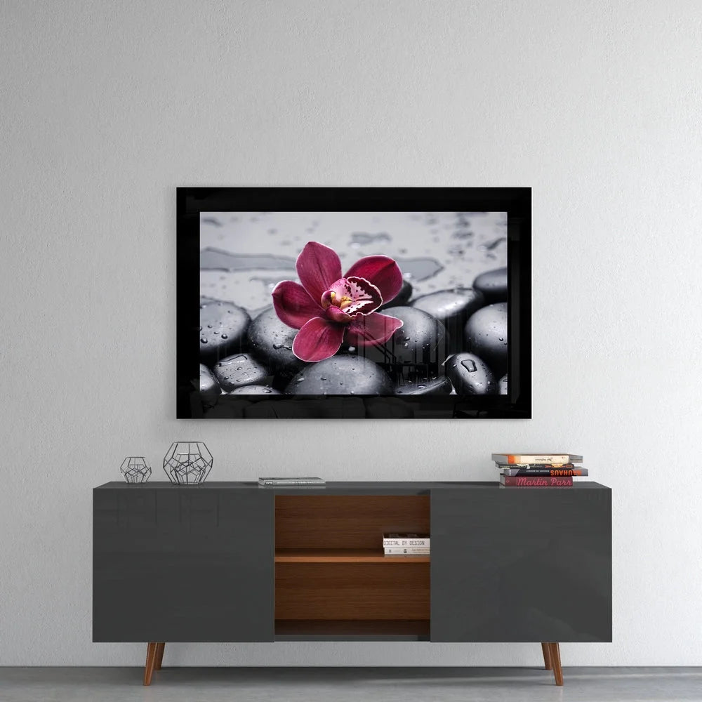 Zen Orchid glass wall art with black white pebble stones