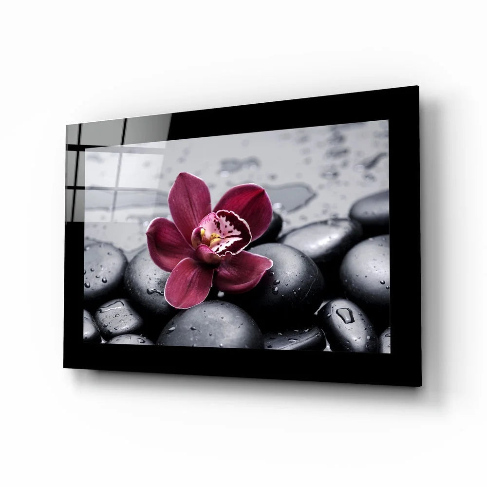 Zen Orchid glass wall art with black and white pebble stone design and vibrant pink orchid