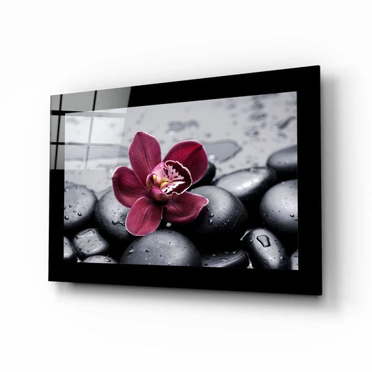 Zen Orchid glass wall art with black and white pebble stone design and vibrant pink orchid