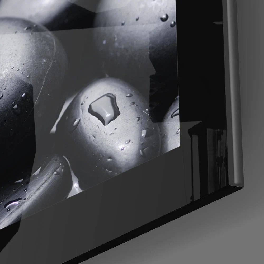 Zen Orchid black and white egg-shaped glass wall art with water droplets