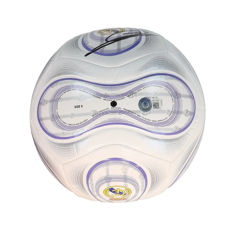 White and purple Real Madrid logo soccer ball with black signature for authentic Madrid logo soccer fans