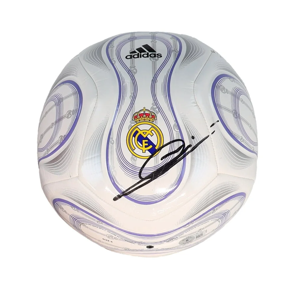 White and purple Adidas Real Madrid logo soccer ball with autograph for authentic Madrid logo soccer fan gear
