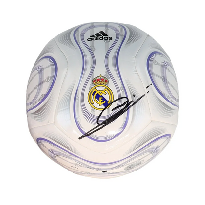 White and purple Adidas Real Madrid logo soccer ball with autograph for authentic Madrid logo soccer fan gear
