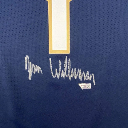 Autographed dark blue Zion Williamson Pelicans jersey with white and gold trim for wall display