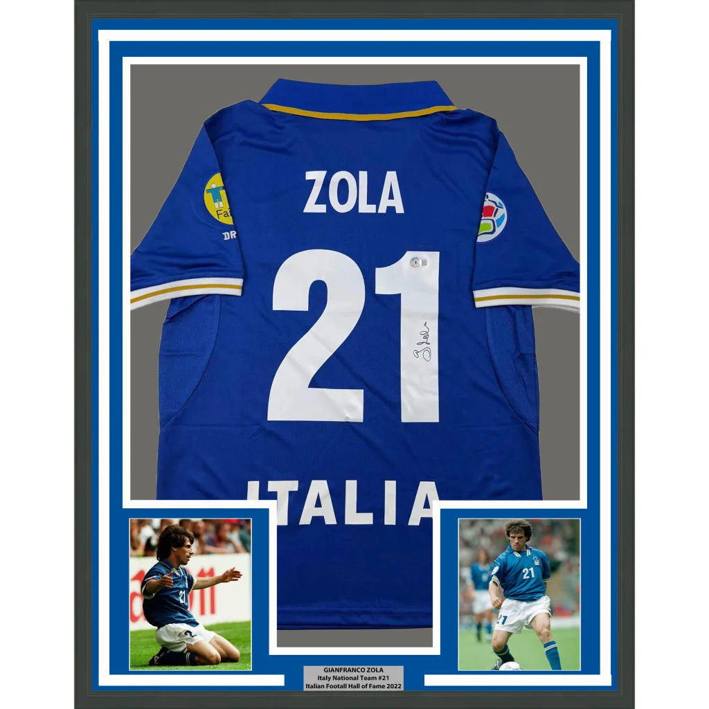 Framed Blue Soccer Jersey with ZOLA 21 on the back for your Man Cave decor