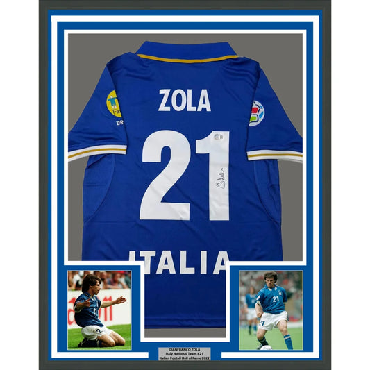 Framed Blue Soccer Jersey with ZOLA 21 on the back for your Man Cave decor