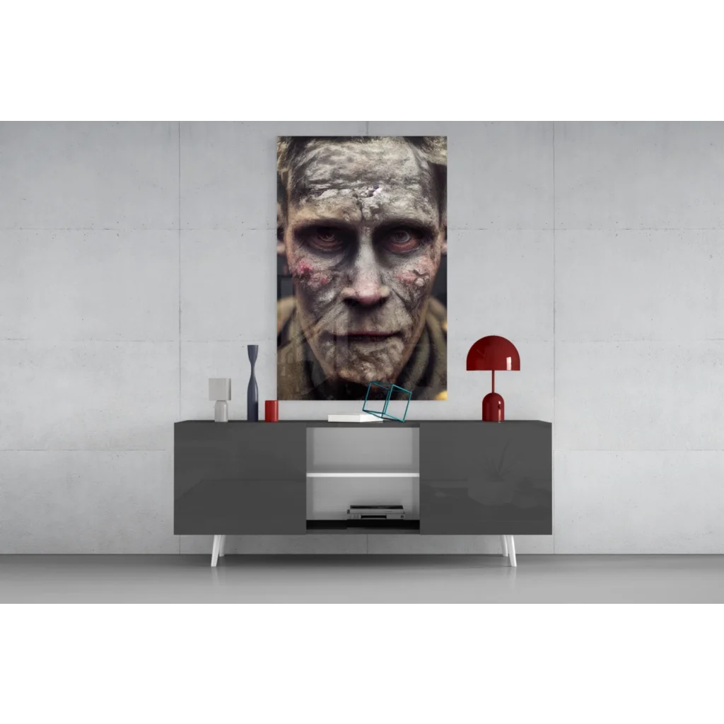 Black and white zombie face wall art in haunting gray tones