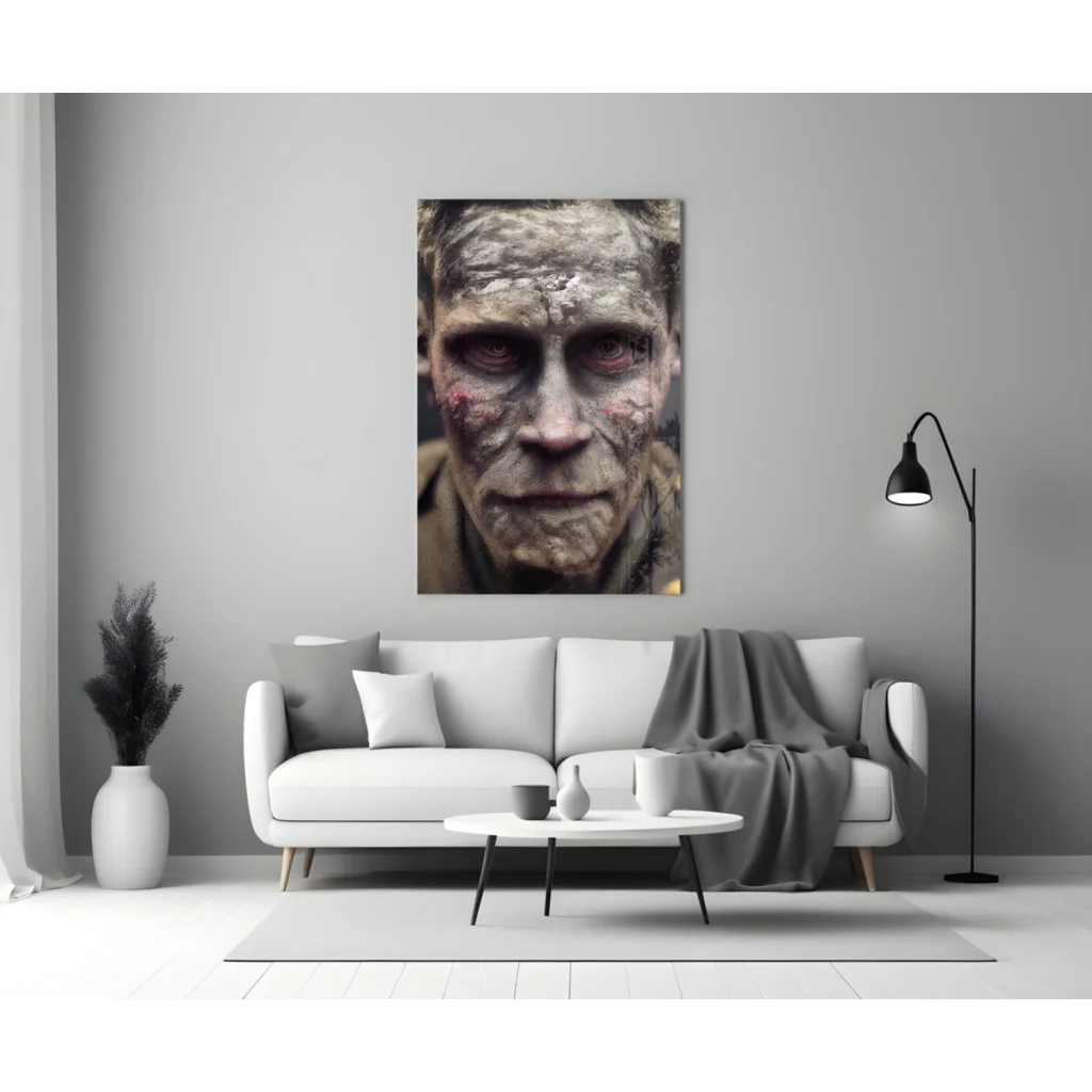 Zombie Face Canvas Wall Art in Haunting Gray Tones