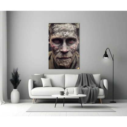 Zombie Face Canvas Wall Art in Haunting Gray Tones
