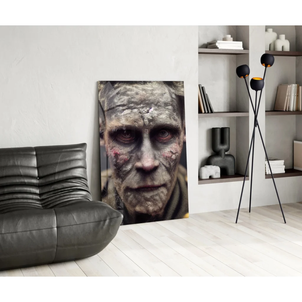 Zombie Face Canvas Wall Art with Black Leather Bean Bag