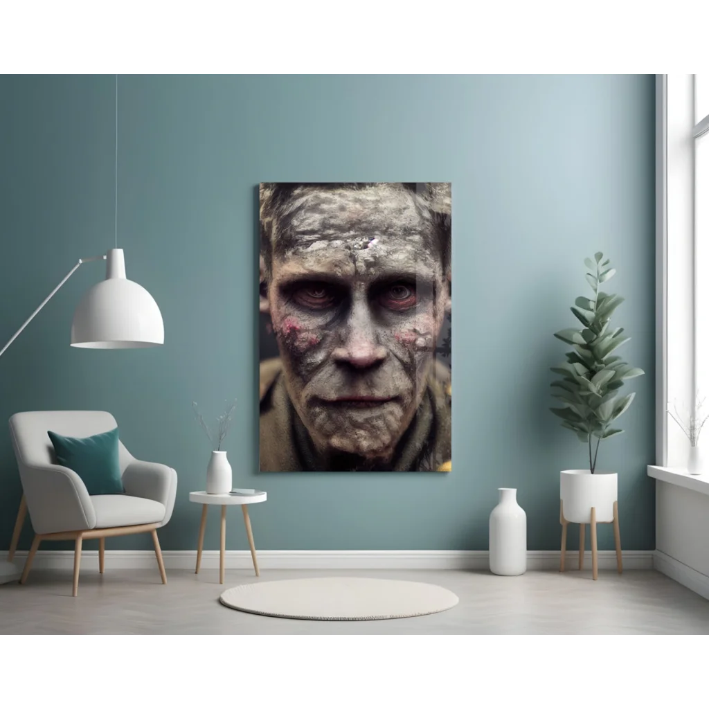 Zombie face wall art canvas print with haunting gray tones