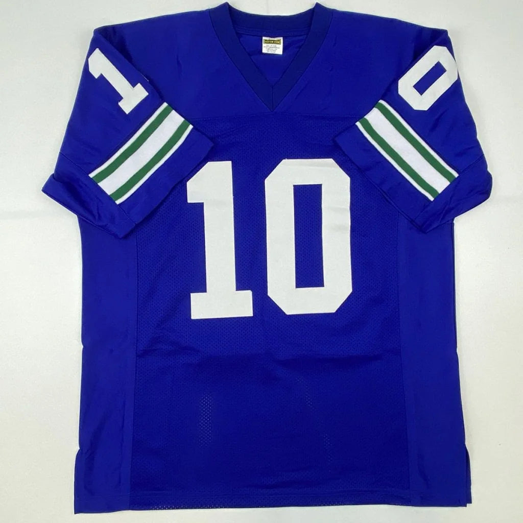Blue custom football jersey with number 10, perfect for sports league fans