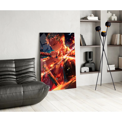 Fiery anime glass wall art poster with dynamic spiky-haired character and glowing sword