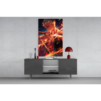 Fiery anime glass wall art with dynamic blazing action scene