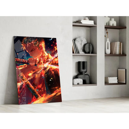 Fiery anime glass wall art of spiky-haired sword hero in blazing reds