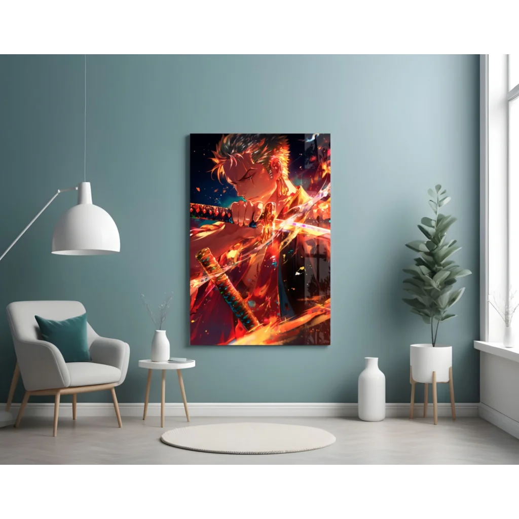 Fiery Anime Glass Wall Art with Blazing Action Scene | Contemporary Home Wall Art | vintageantiquesgifts.com
