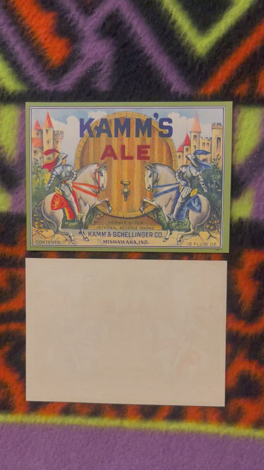 Antique Vintage 1930s Kamm's Ale Label 🍺 Knights Shining Armor on Horses, Mishawaka, IN