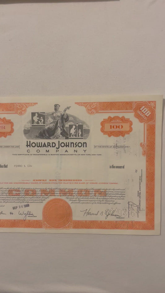Vintage 1960s Howard Johnson Stock Certificate 🍊 Roadside Americana Icon, 100 Shares, Orange