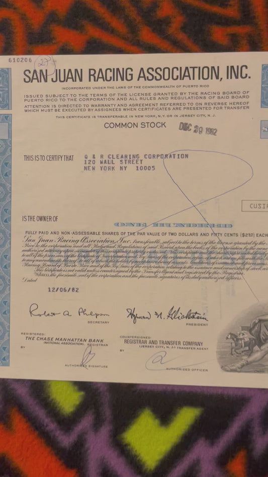 Vintage 1980s San Juan Racing Stock Certificate Coca Cola of New York 1978 Takeover Bid El Comandante Puerto Rico 📜