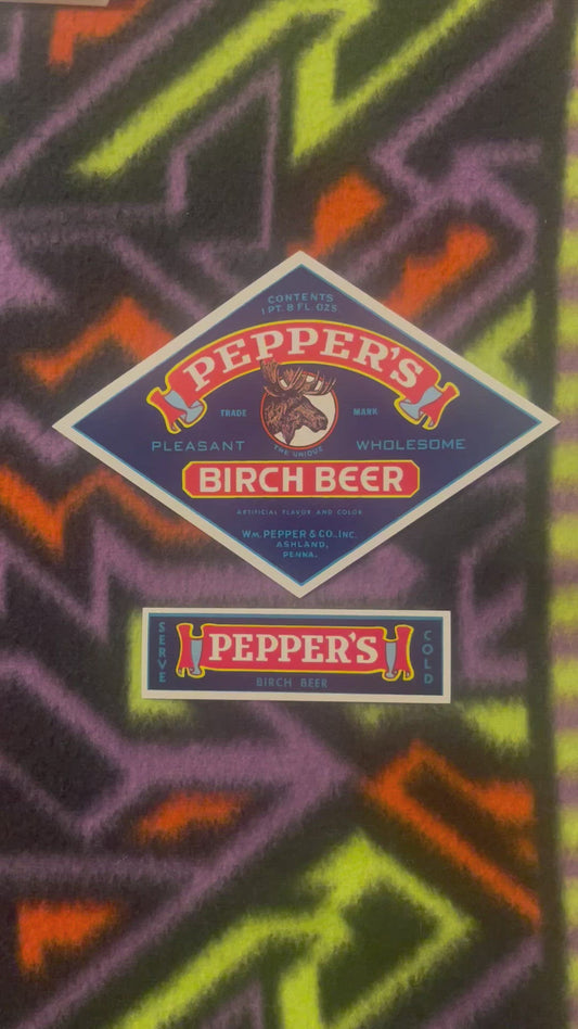 Vintage 1940s Pepper's Birch Beer Bottle Labels 🫙 Wm. Pepper & Co. Ashland PA Navy Blue Diamond