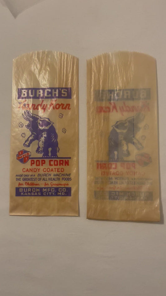 Antique 1920s 1930s Burchs Kandy Korn Candy Coated Popcorn Bag Kansas City Missouri Burch Manufacturing Co Elephant NOS ✨