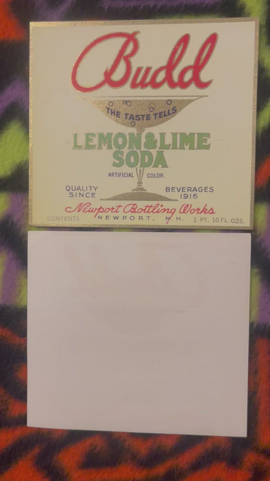 Rótulo vintage antigo de refrigerante de limão e lima, Newport, NH 1920