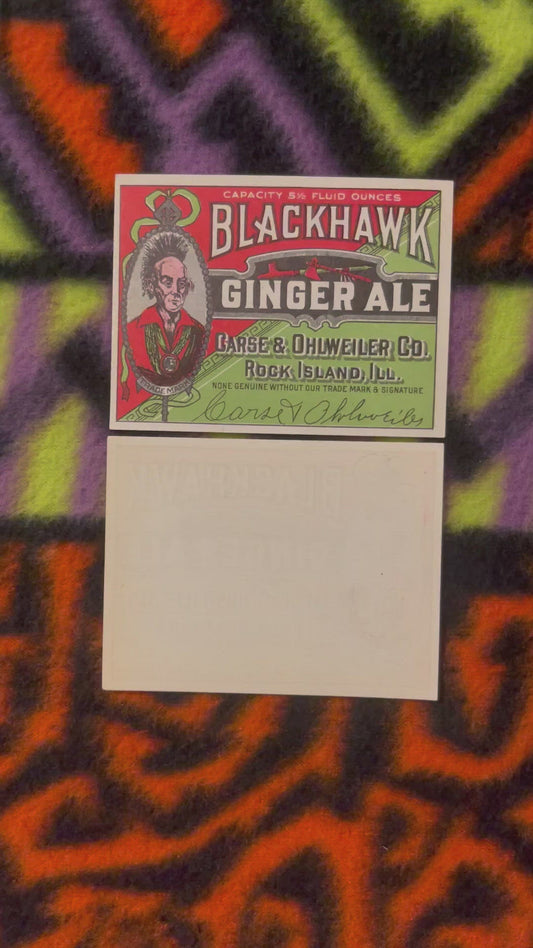 Antique Blackhawk Ginger Ale Label 🪓 Carse & Ohlweiler Co. Rock Island, Ill. Color Litho Embossed Native American Chief American Made