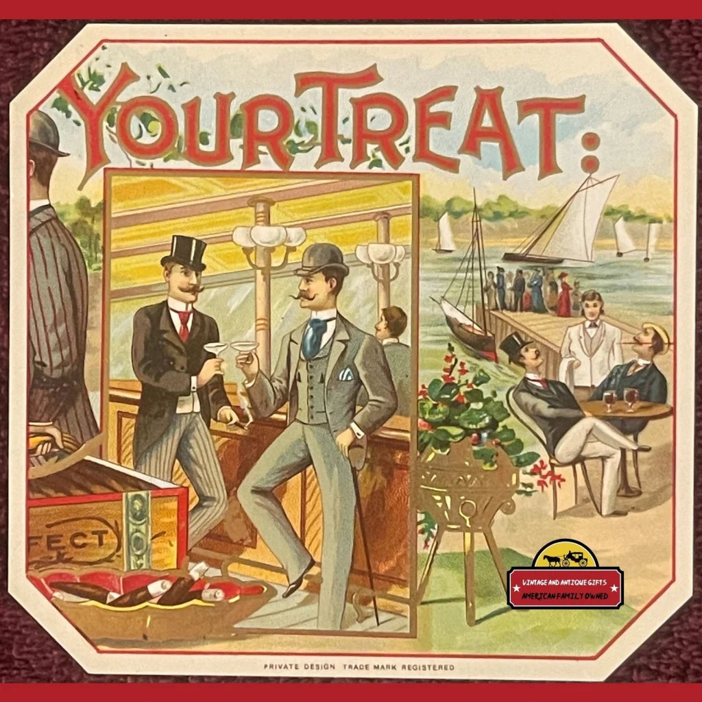 1890s Antique Your Treat Cigar Label Saloon Sailboats And Beach Vintage Advertisements Tobacco and Labels | Tobacciana