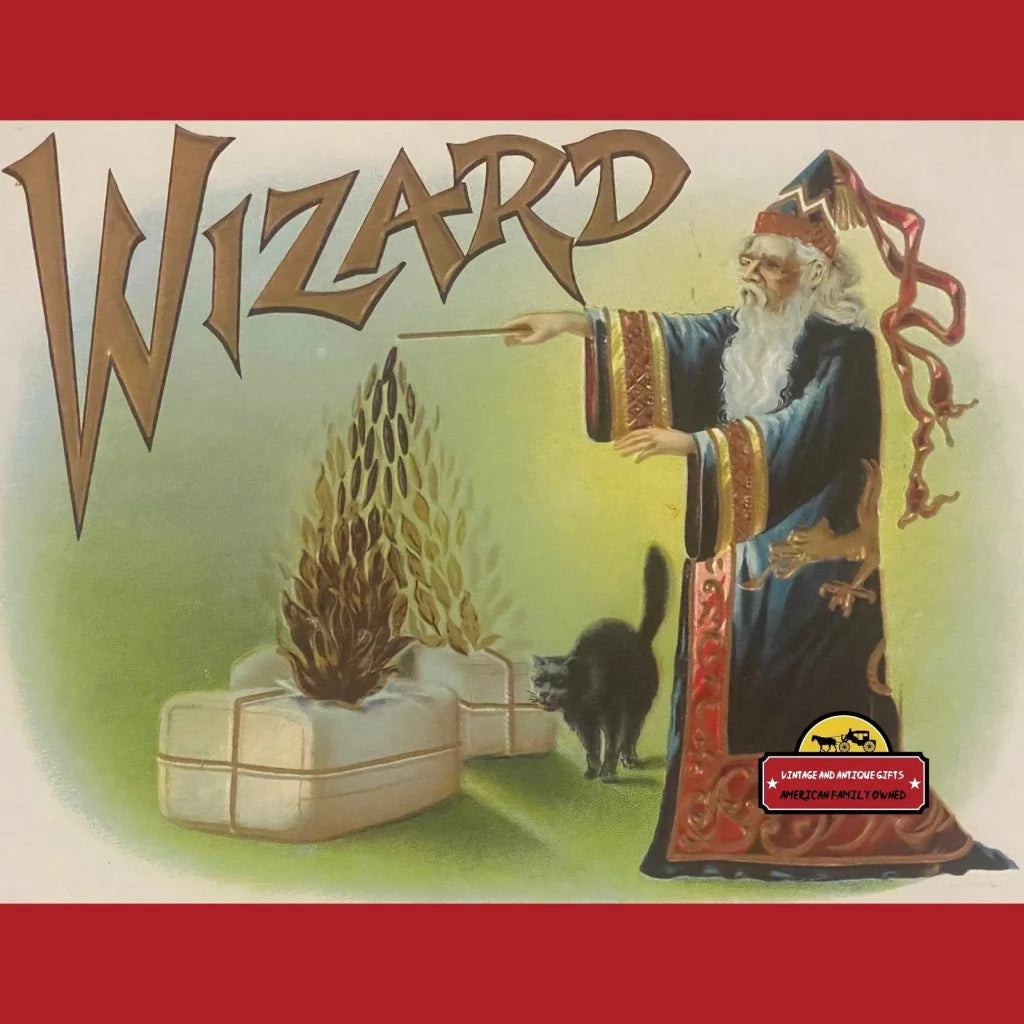 1910s Antique Wizard Large Inner Gold Embossed Cigar Label Black Cat Magic Vintage Advertisements and Gifts Home page